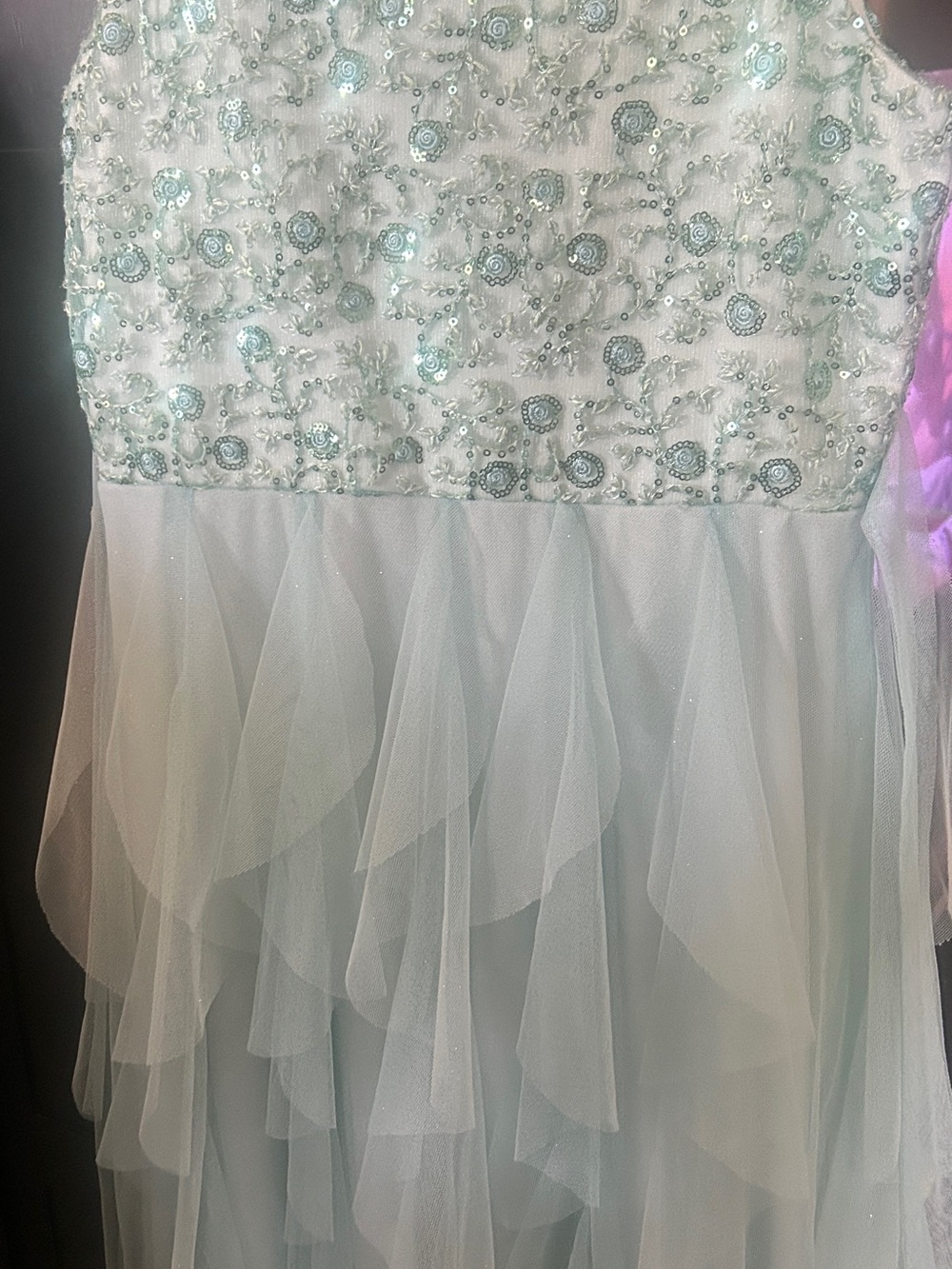 Girls Light Mint Embroidered Tulle Party Dress